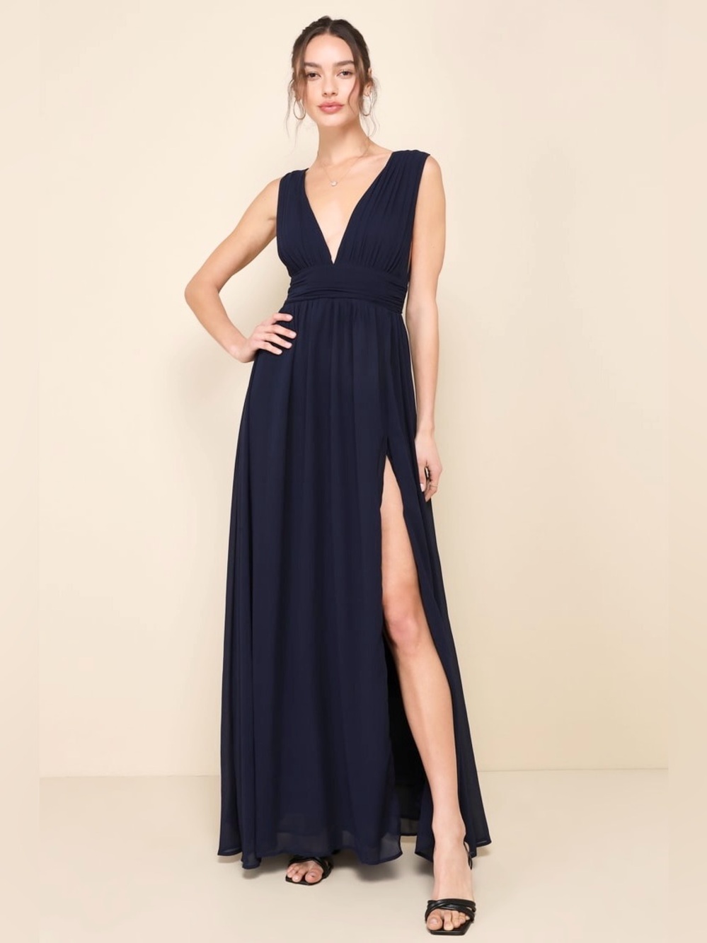 LULUS Navy Chiffon Plunge Neck Princesscore Wedding Guest Formal Goddess Gown S - Picture 5 of 12